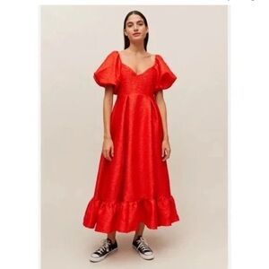 New Sister Jane Womens XS Grandma Rose
Midi Dress Carmine Red Puff Sleeve Full